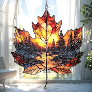 Acryl Ahornblatt Suncatcher - Herbst Wald Fluss Szene Faux Buntglas Fenster Aufhängen - Natur Herbst Dekor & Geschenkidee