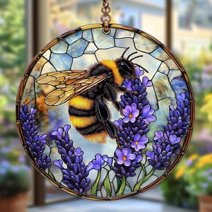 Lavendel Bienen Acryl Suncatcher - Fensterschmuck aus Buntglas mit Lavendel - Botanischer Garten Dekor & Geschenk für Naturliebhaber
