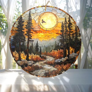 Acchiappasole tramonto foresta di montagna - Finestra in acrilico con finto vetro colorato - Decorazione autunnale e regalo per gli amanti dell'escursionismo