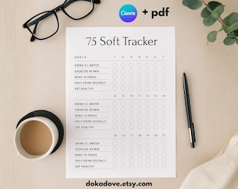 75 Zachte uitdaging | Afdrukbare gewoontetracker + canvassjabloon | Wellnessplanner | Minimalistische dagelijkse checklist