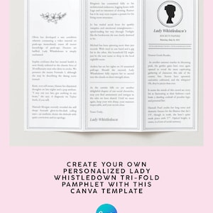 Editable Lady Whistledown Society Papers Canva template shown as a trifold pamphlet on a pink background. Text overlay explains this is a customizable design for parties and events