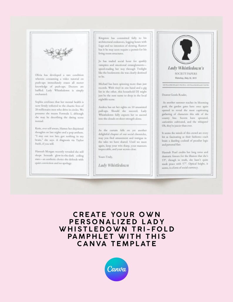 Editable Lady Whistledown Society Papers Canva template shown as a trifold pamphlet on a pink background. Text overlay explains this is a customizable design for parties and events