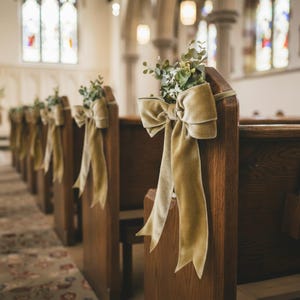 May include: A decorative pew bow made of olive green velvet ribbon tied in a large bow, featuring a small arrangement of green eucalyptus leaves and white flowers attached to the center, secured to the end of a wooden church pew.