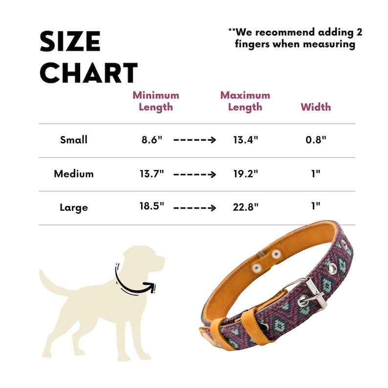May include: A dog collar with a purple and teal geometric pattern, tan leather accents, and a silver buckle. The image includes a size chart with measurements in inches for small, medium, and large sizes.