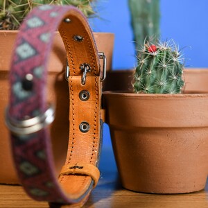 Artisanal leather dog collar handcrafted by Mexican artisans using Aztec techniques. This Western dog collar features genuine leather, intricate embroidery, stainless steel D-rings, and inner padding. Perfect for small, medium, and large dogs.