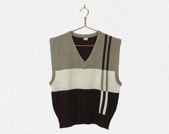 Vintage 70s Color-block Acrylic Knit Vest / Taupe, Cream & Brown Sleeveless V-neck Pullover