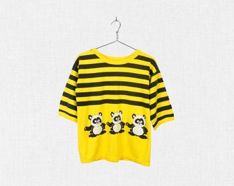 Vintage 80s Panda Bear Novelty Sweatshirt / Yellow Gold & Black Striped Pullover Shirt / Half Sleeves