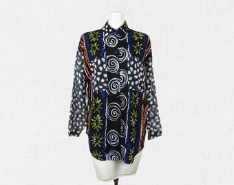 Vintage Oversized Shirt, Sheer Polka dot Sleeves / 80s - 90s Streetwear Patterned Button-down Top