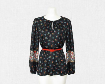 Vintage 70s Floral Blouse Black & Multicolored Patterned Tunic Shirt / Blouson Sleeves