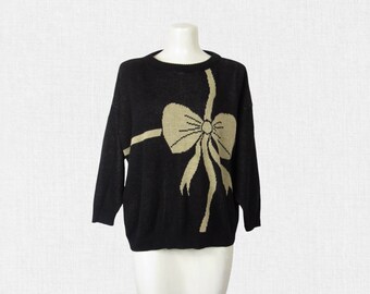 Vintage 80s Novelty Knit Big Bow Sweater/  Black & Tan Loose Fit Pullover