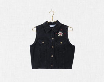 Vintage 90s Black Denim Vest / Sleeveless Jean Vest, Embroidered Bear & Hearts