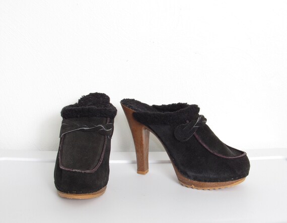 70s Platform Mules / Black Suede & Sherpa Lining R