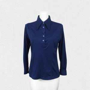 Vintage 70s Disco Shirt, Dagger Collar / Navy Blue Polyester Pullover Shirt image 1