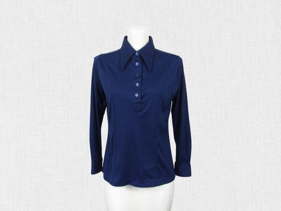 Vintage 70s Disco Shirt, Dagger Collar / Navy Blue Polyester Pullover Shirt