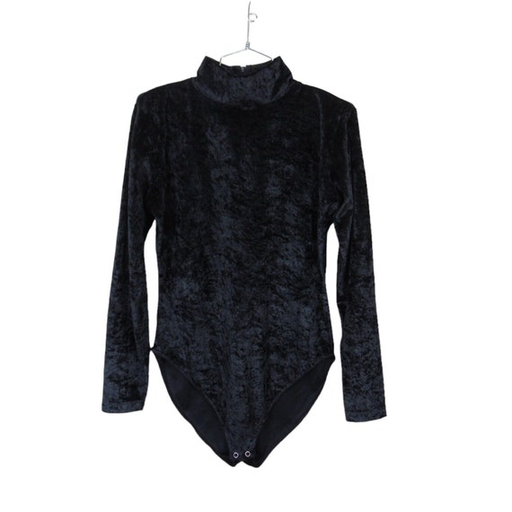 Vintage Black Crushed Velvet Bodysuit / Zippered … - image 7
