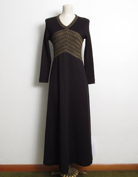 1970s Maxi Dress / Long Sleeved Black & Gold Metal