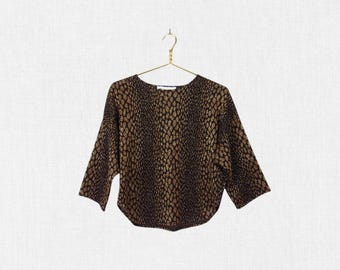 Vintage 80s Metallic Animal Print Top / Gold & Silver Thread, New Wave Top