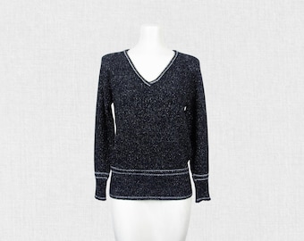 Vintage 80s Albee V-Neck Sweater / Black & Silver Metallic Knit Pullover