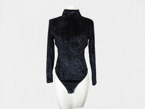 Vintage Black Crushed Velvet Bodysuit / Zippered … - image 2