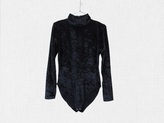 Vintage Black Crushed Velvet Bodysuit / Zippered … - image 1