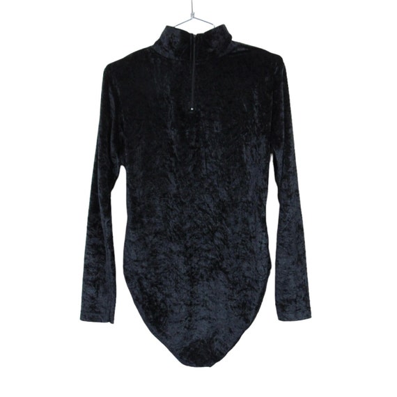 Vintage Black Crushed Velvet Bodysuit / Zippered … - image 3