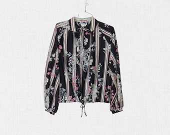 Vintage 70s Floral Striped Top / Tie Neck Pullover Shirt