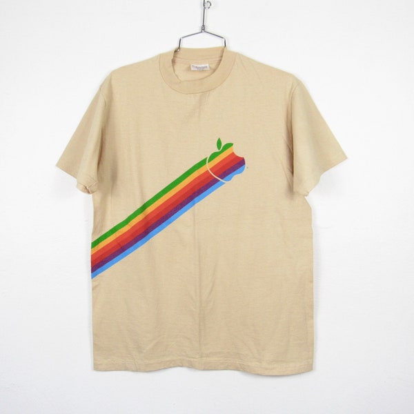 Vintage 1980s Apple Computer T-shirt / Tan Shirt w/ Rainbow Logo / Single Stitch / Hanes Unisex Tee