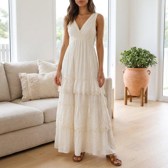 Cotton Maxi Dress Boho Tiered Lace Sleeveless Summer Dress Casual Beach  Vacation Women Outfit - Etsy