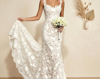 Floral Lace Wedding Dress Sleeveless Fitted Bridal Gown Minimalist Mermaid White Dress Beach Garden Summer Wedding Gift for Her