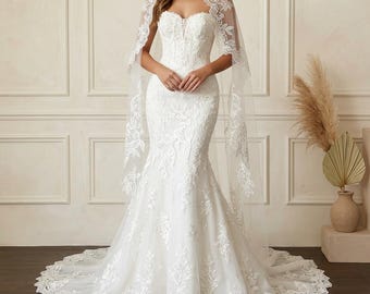 Strapless Lace Mermaid Wedding Dress with Veil Elegant Bridal Gown Fitted Corset Bride Dress Romantic Wedding Gift Spring Summer