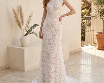 sleeveless high neck lace wedding dress Stacees Wedding Dress A-line High-Neck Knee-Length Tulle Lace