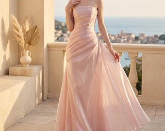 Vestido de novia rosa sin tirantes estilo hada, elegante vestido de novia largo estilo francés, vestido de tostada, conjunto para mujer