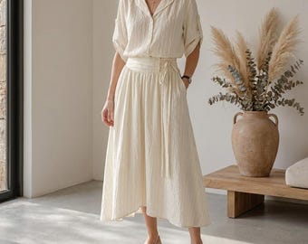 Baumwoll-Midi-Rock und Blusen-Set Minimalistisches Sommer-Outfit-Resort tragen lässiges zweiteiliges Frauen-Set