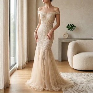 party host dress Temperament of champagne gowns long sleeve Evening Party Dresses for Women Girls birthday party host bridesmaid