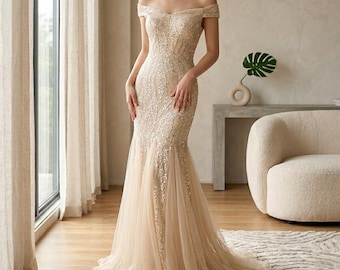Champagne Evening Dress for Women – One Shoulder Mermaid Sequin Long Formal Gown 2026