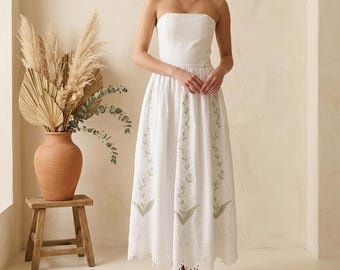 Linen Midi Wedding Dress Corset Bridal Gown Hand Embroidered Floral Dress Rustic Boho Bride Dress Spring Summer