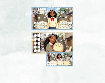May include: Three illustrations featuring a young woman with curly hair and a red bow, alongside Totoro characters. The illustrations are set against a backdrop of a Japanese street scene. The text "MONEYBUDGET / SAVE 50" is visible.