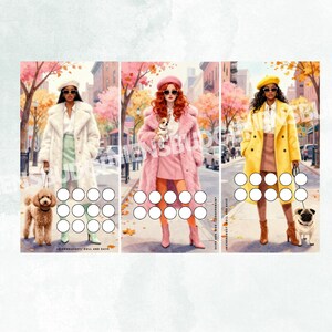 Può includere: Tre pannelli verticali con illustrazioni di persone in ambientazioni autunnali. Ogni pannello mostra una persona con cappotto, basco e occhiali da sole, accompagnata da un cane, con una griglia di cerchi bianchi sovrapposta per i risparmi.