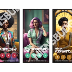 May include: Three women in different outfits and poses, each with a caption and a set of numbers. The captions are "Don't come for me unless you can afford it", "I don't understand you. I don't speak broke", and "Never underestimate a woman on a budget". The numbers are 5, 8, 4, 3; 5, 7, 3, 5; and 8, 6, 4, 2, respectively. The text "Housewives of Budgeting #iniensbudget" appears at the bottom of each image.