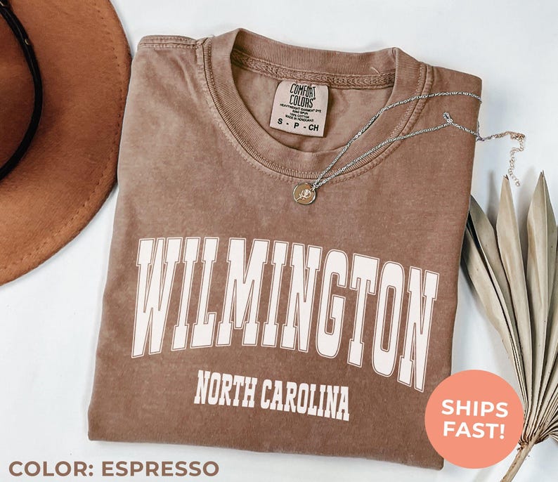 An espresso-colored shirt, illustrating a varsity-style design with bold “Wilmington” city lettering — perfect for cozy, college-inspired style with a touch of the outdoors.