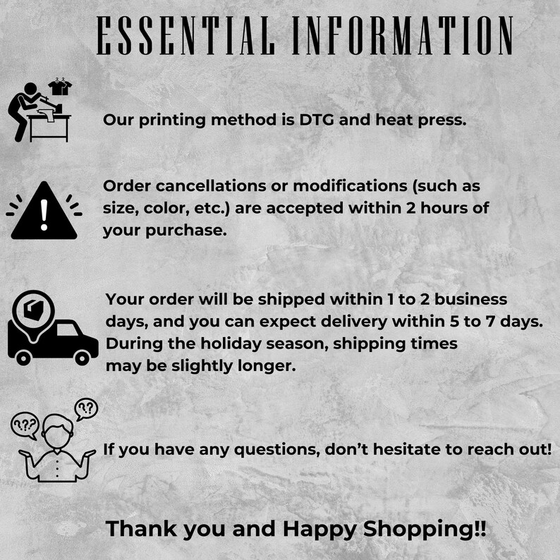 May include: Image with the text "ESSENTIAL INFORMATION" and other text describing printing methods, order modifications, shipping times, and customer service contact information. Includes icons of a person at a printing press, an exclamation point, a delivery truck, and a person with question marks.