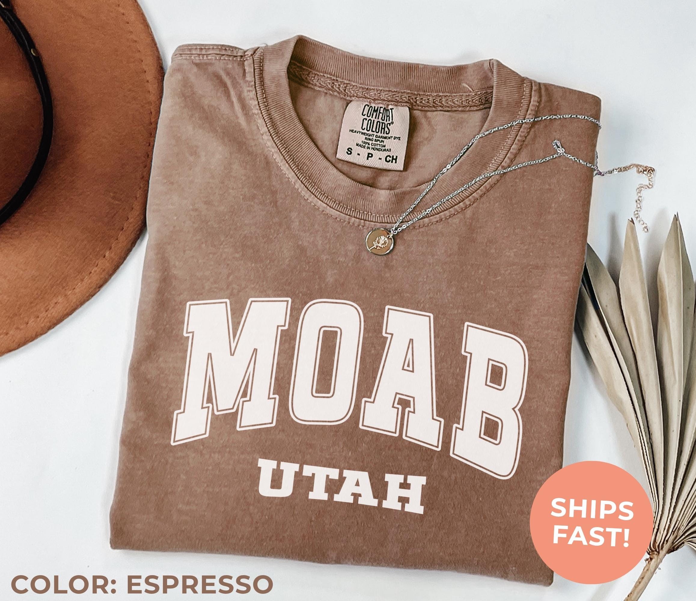 Moab Comfort Colors Tee: Retro Varsity Style Utah Travel Shirt