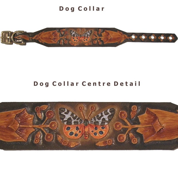 Hand carved dog collar with garden tiger moth butterfly