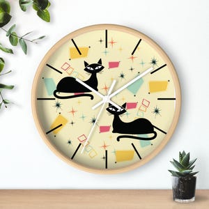 Horloge murale atomique rétro avec chat : décoration moderne Mid-Century