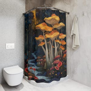 Fantasie-Pilzwald Duschvorhang, Badematten-Set, verbessertes Badezimmerdekor, Glasmalerei-Effekt, Glasmalerei-Effekt