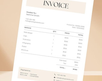 Moderne factuursjabloon: bewerkbaar formulier voor kleine bedrijven (digitale download)