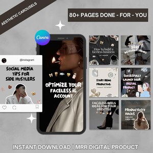 Peut inclure: Une maquette de produit numérique avec un écran de téléphone affichant un modèle de carrousel de médias sociaux. Le modèle présente une variété de sujets liés au marketing des médias sociaux, notamment des conseils pour les entrepreneurs en herbe, l'optimisation des comptes Instagram sans visage et des astuces de productivité pour les créateurs. Le texte "80+ PAGES DONE - FOR - YOU" est affiché en haut de l'image.