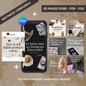 May include: A digital product mockup showing a phone screen with a carousel of Instagram posts. The posts feature tips on how to sell digital products, grow an Instagram account, and make money online. The text on the phone screen reads "If I had to start my Instagram from scratch, here's what I'd do". The text on the phone screen is in black and white. The background of the image is a light brown colour.
