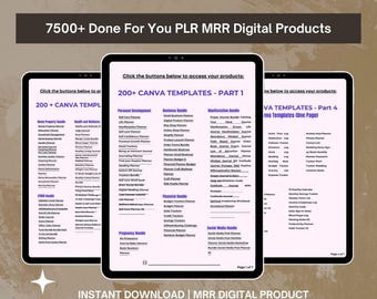 May include: Three digital product mockups on a tablet screen. The mockups show a list of 200+ Canva templates for various categories, including business, personal development, health and wellness, and more. The text "7500+ Done For You PLR MRR Digital Products" is displayed at the top of the image.