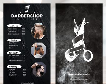 May include: A black and white price list for a barbershop, featuring a range of services and their corresponding prices. The services include haircuts, styling, specialty services, and colouring. The price list is displayed on a black background with white text. The image also includes a black and white illustration of a pair of scissors with a ribbon wrapped around them.